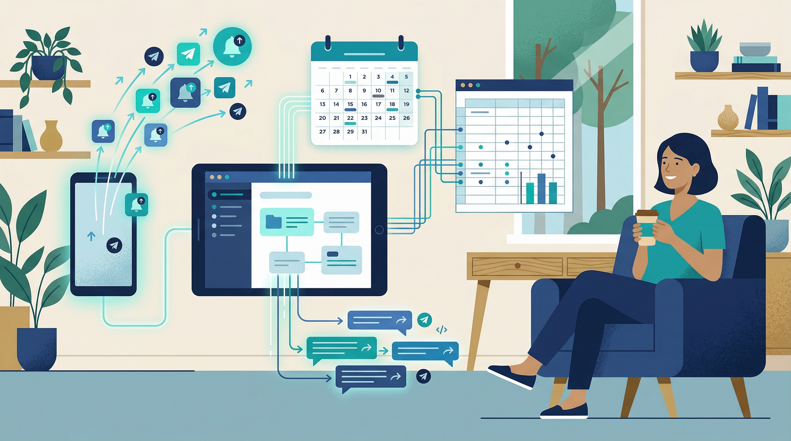An automated workflow running smoothly — calendar, spreadsheet, and messages sending themselves while the business owner relaxes with coffee
