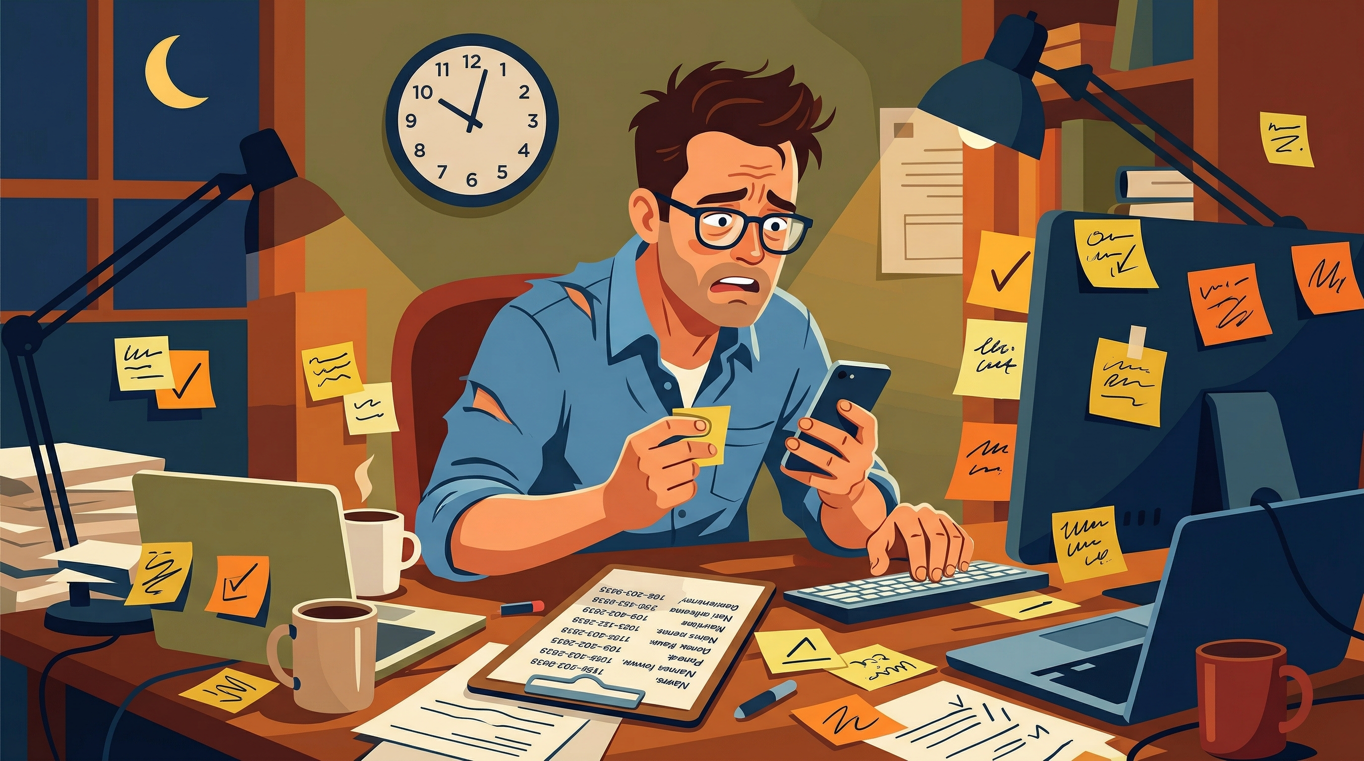 A stressed business owner manually texting clients late at night, surrounded by sticky notes and a long client list
